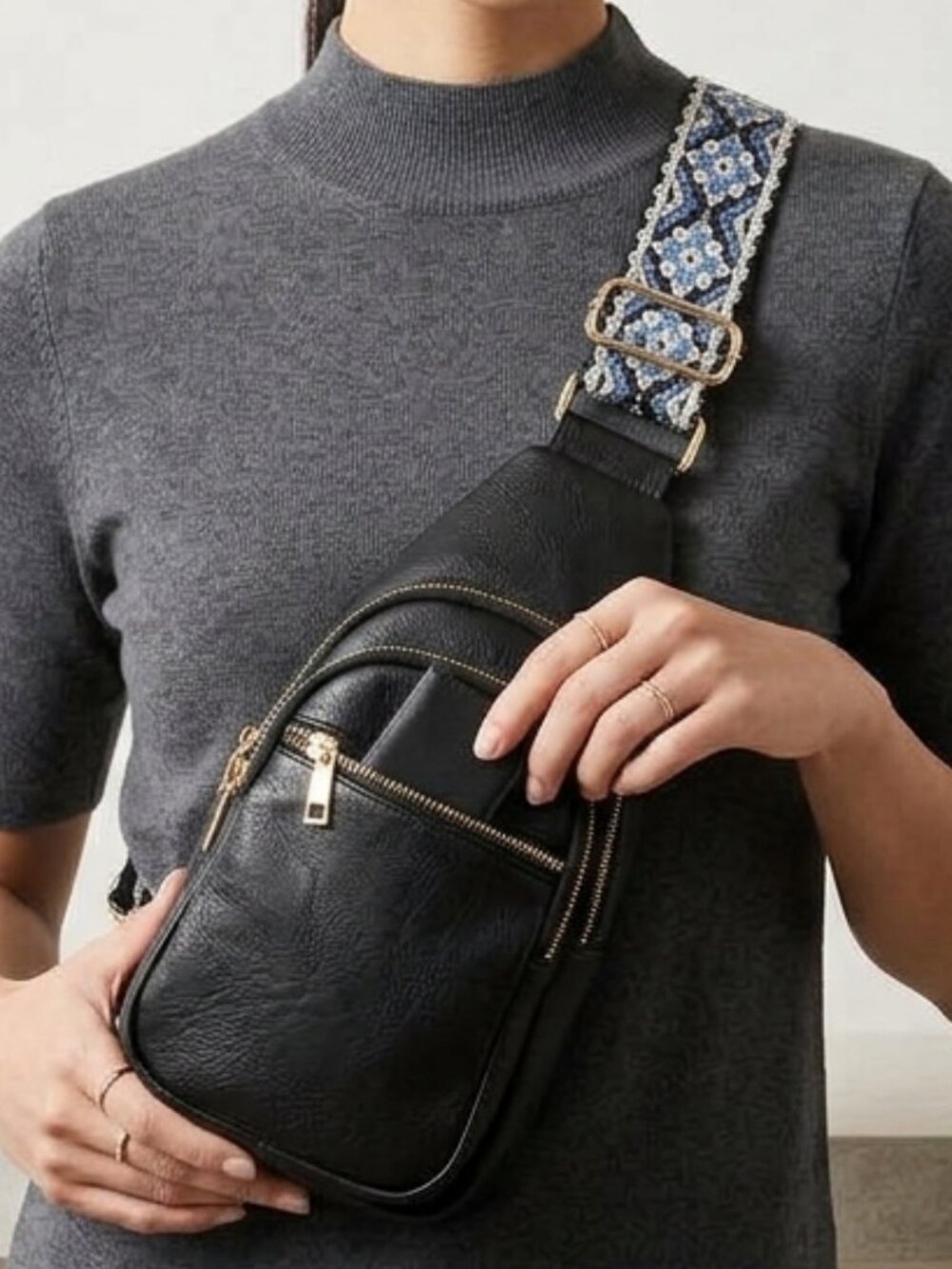 Threaded Pear Black Vegan Leather Sling Crossbody Bag with Blue Geometric Strap